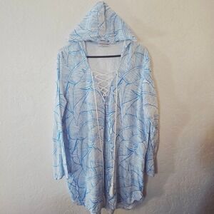 Charlie Holiday Women's Blue White Leaf Print Hooded Tunic Cover Up XL